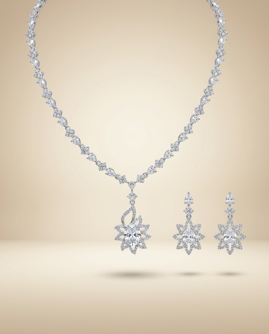 Floral Radiance Diamond Necklace & Earrings Set