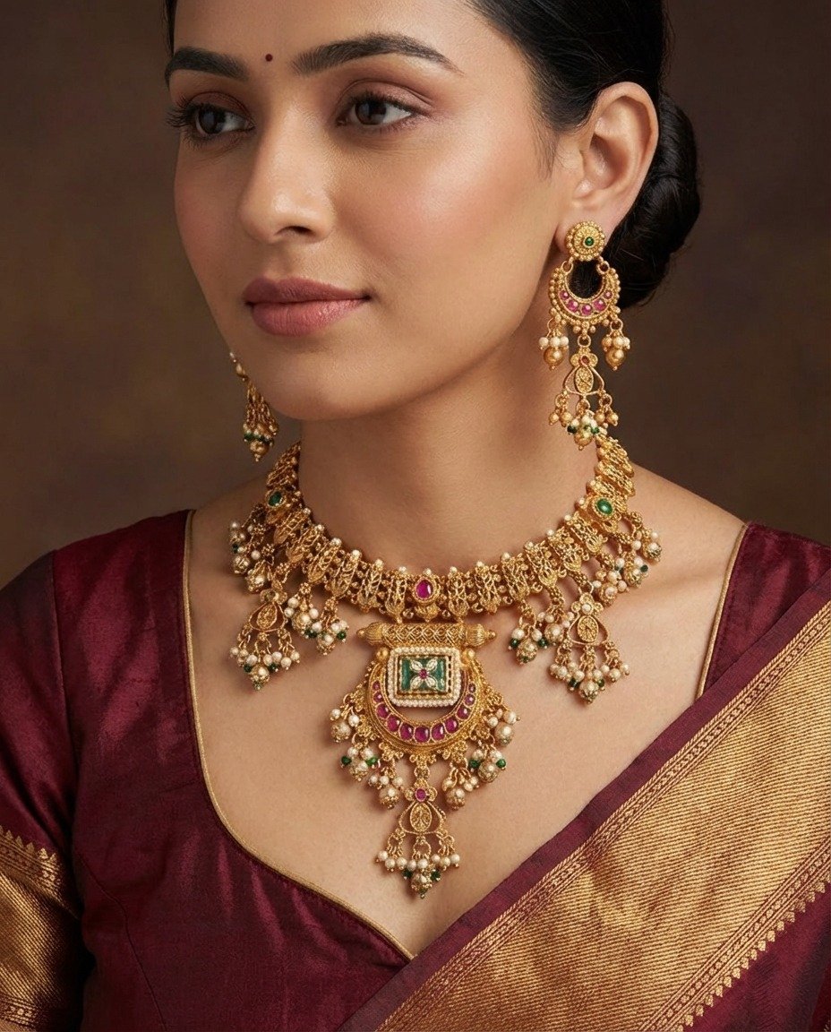 Antique Temple Gold Necklace & Earrings Set