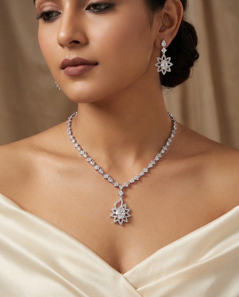 Floral Radiance Diamond Necklace & Earrings Set