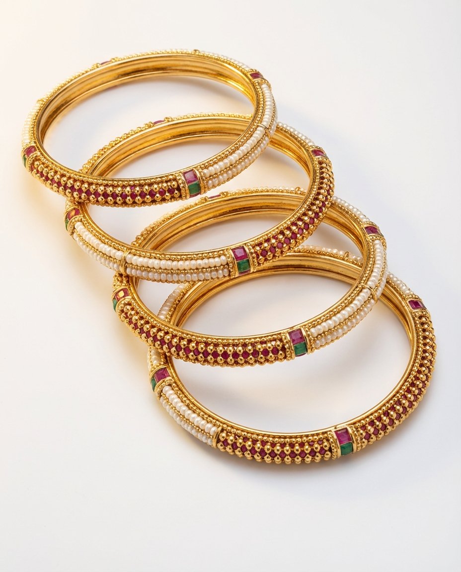 Pearl Ruby Emerald Gold Bangle