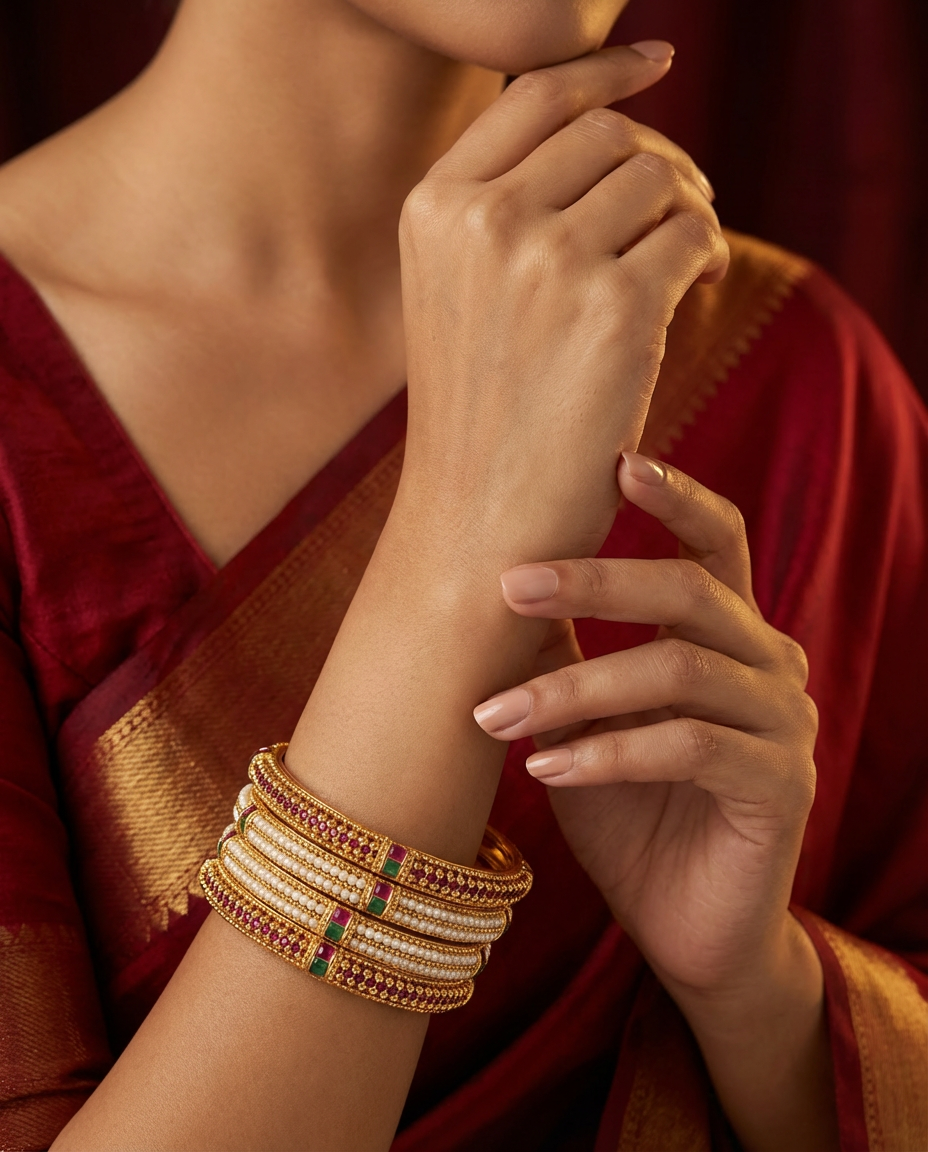 Pearl Ruby Emerald Gold Bangle