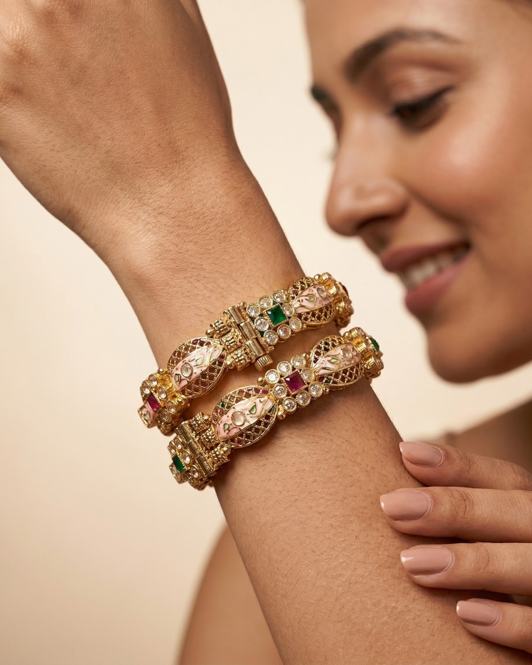Kundan Meenakari Floral Gold Bangle Set