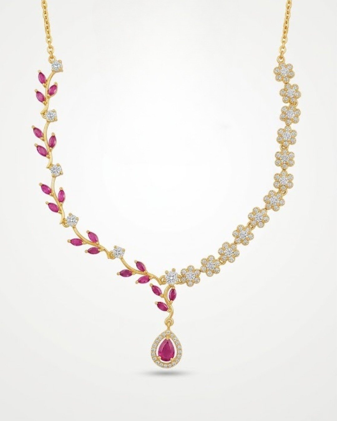 Elegant Floral Ruby Drop Necklace Set (With Earrings)