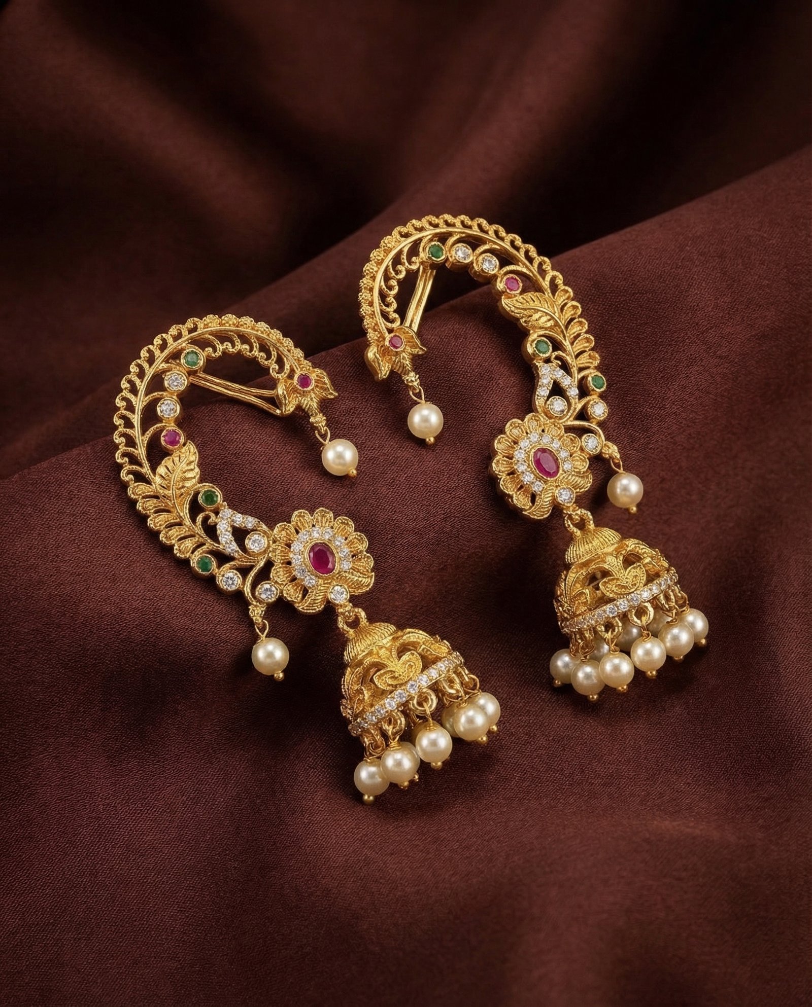 Temple Style Gold Ear Cuff Jhumka Earrings