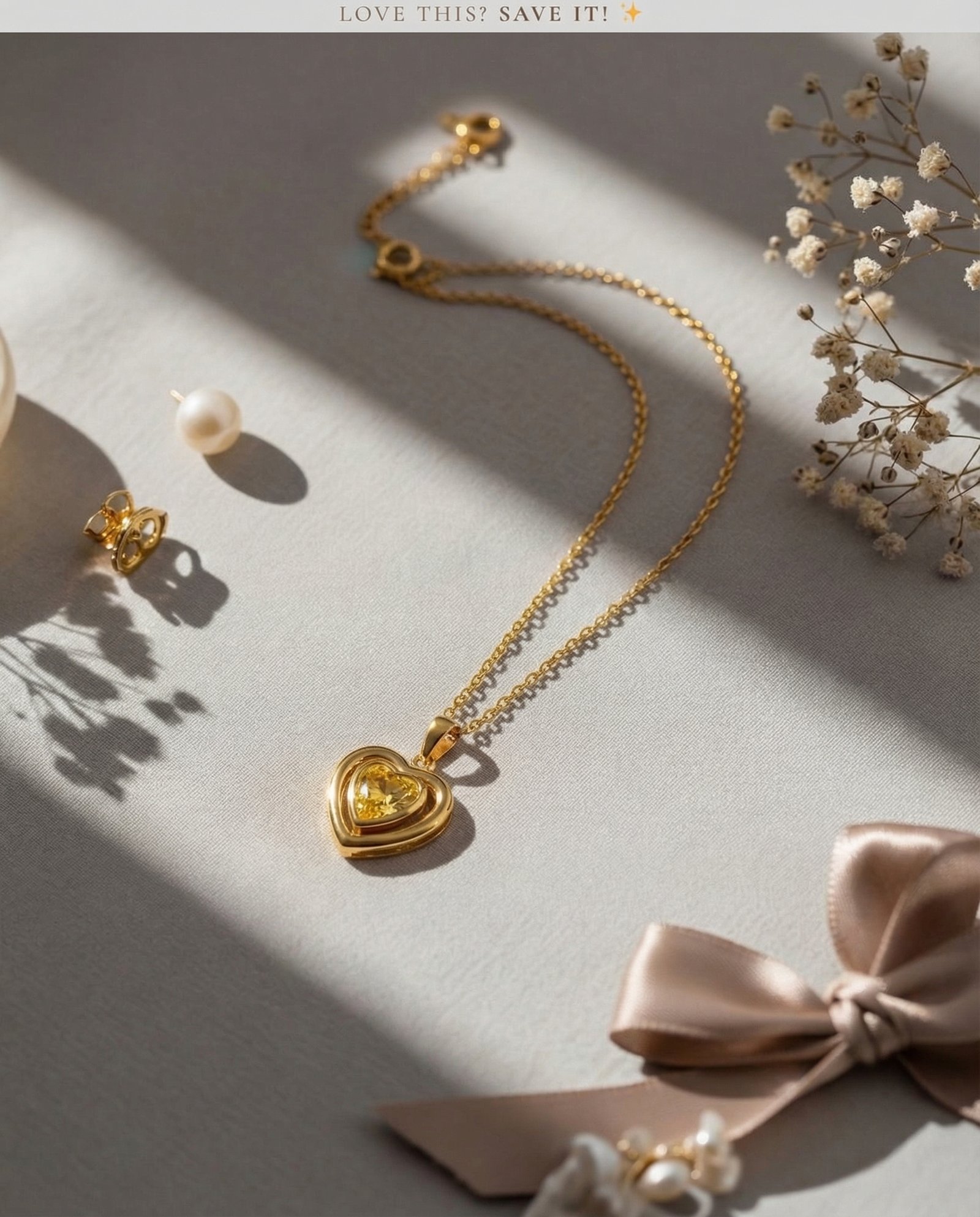 Double Heart Yellow Gemstone Pendant Necklace