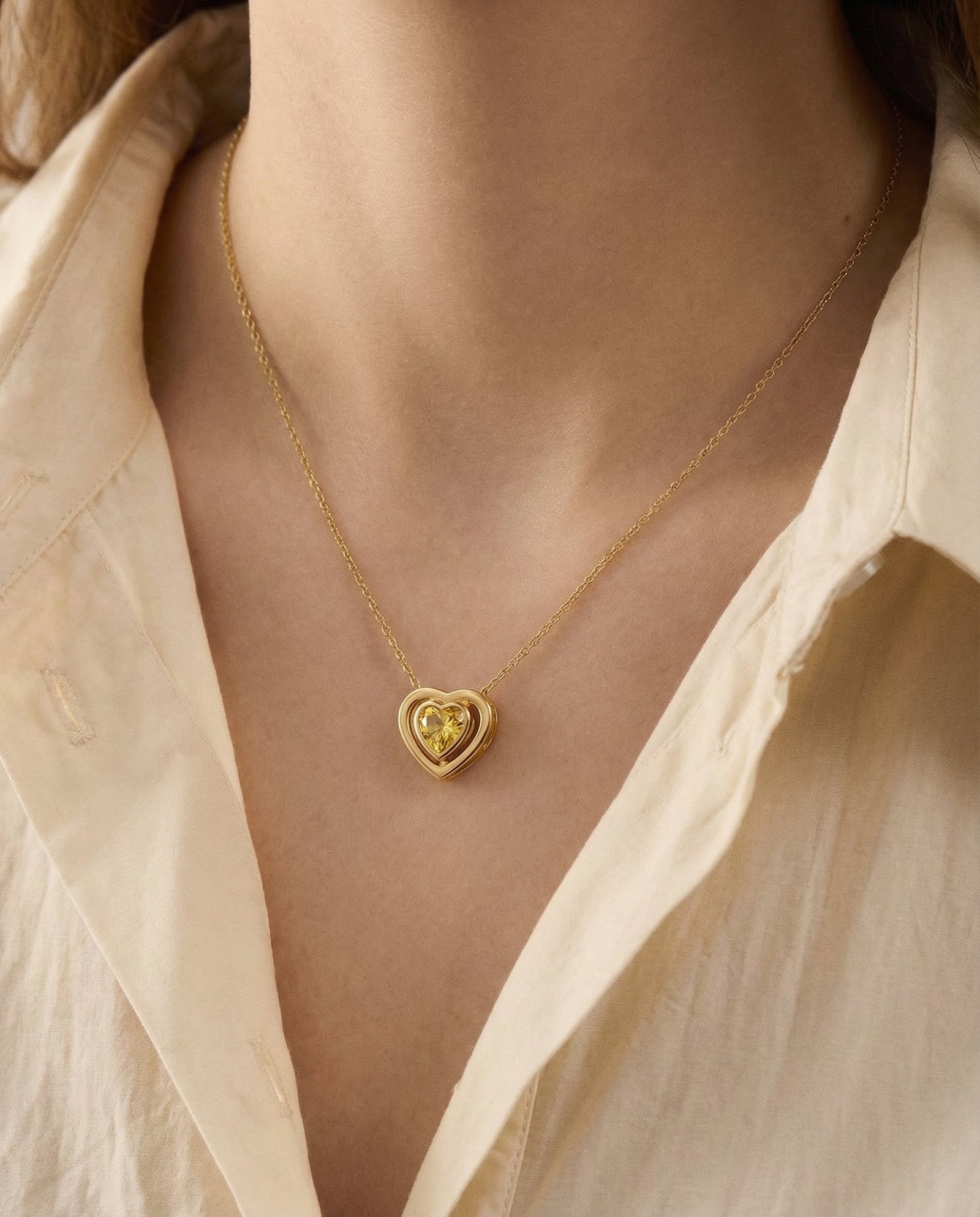 Double Heart Yellow Gemstone Pendant Necklace