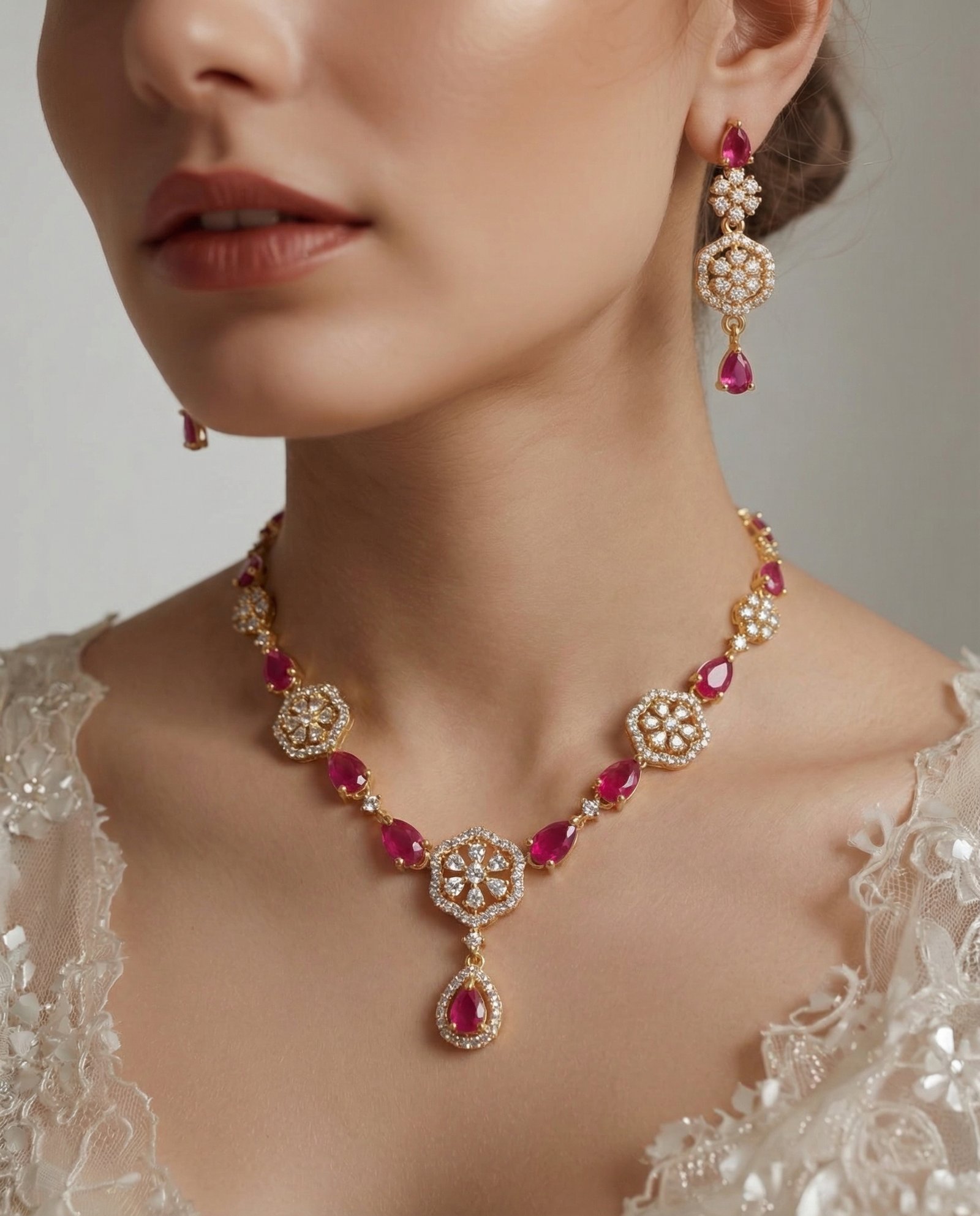 Royal Pink Stone Bridal Necklace Set