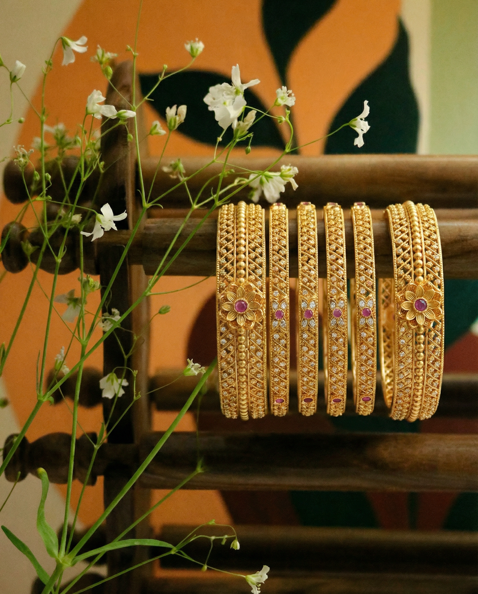 Traditional Floral Gold Look Bangle Set (Pair of 6)