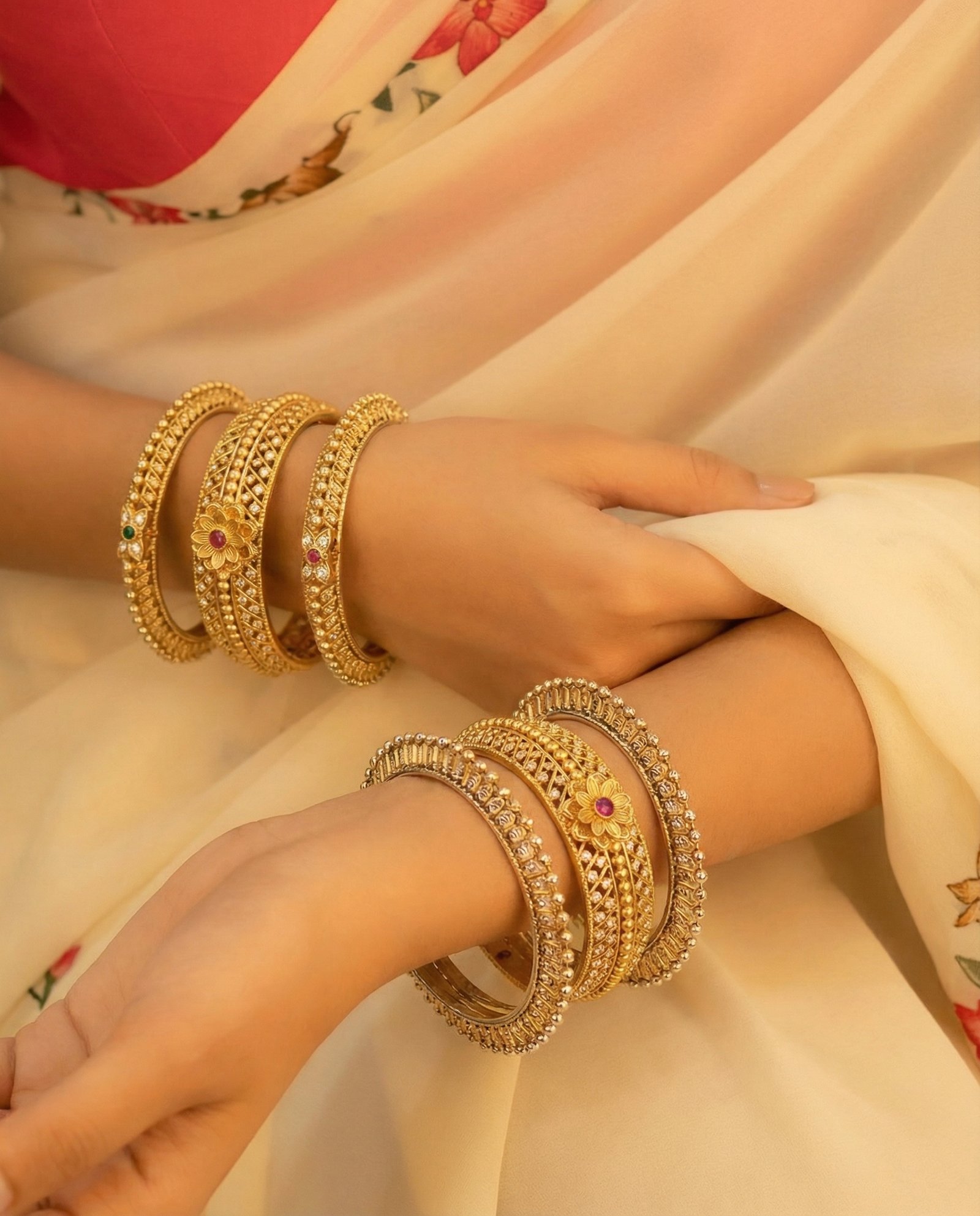 Traditional Floral Gold Look Bangle Set (Pair of 6)