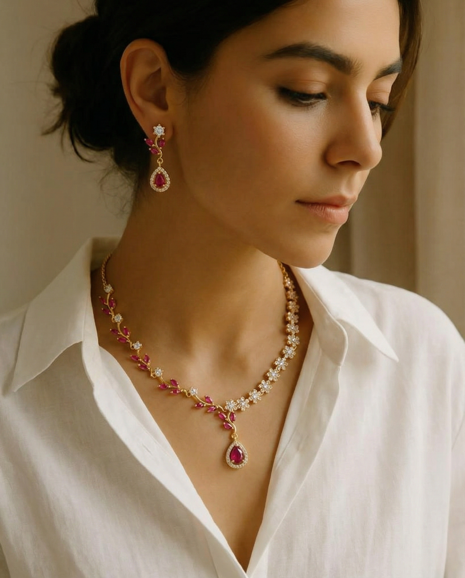 Elegant Floral Ruby Drop Necklace Set (With Earrings)