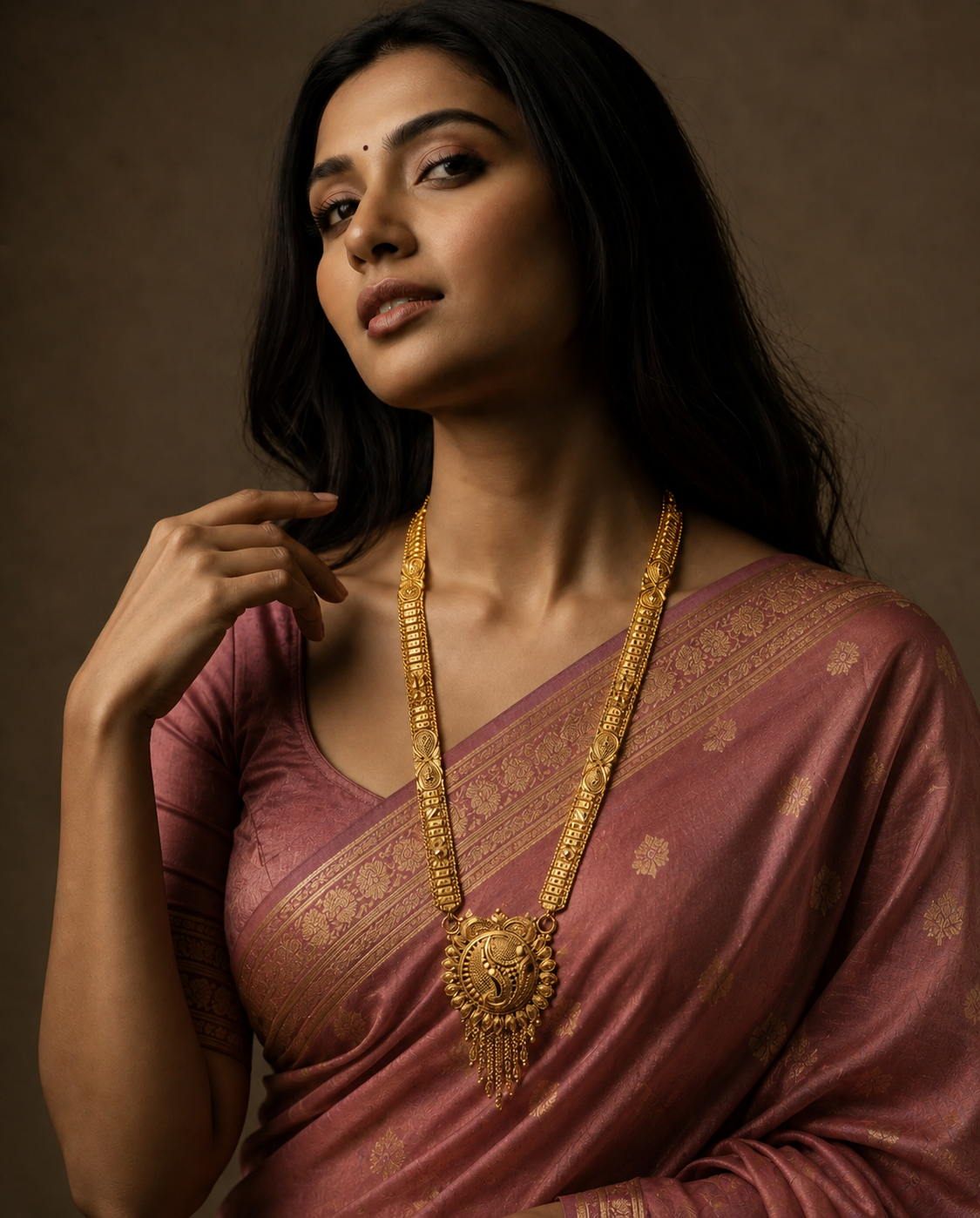 Traditional Gold Long Necklace with Intricate Pendant Design