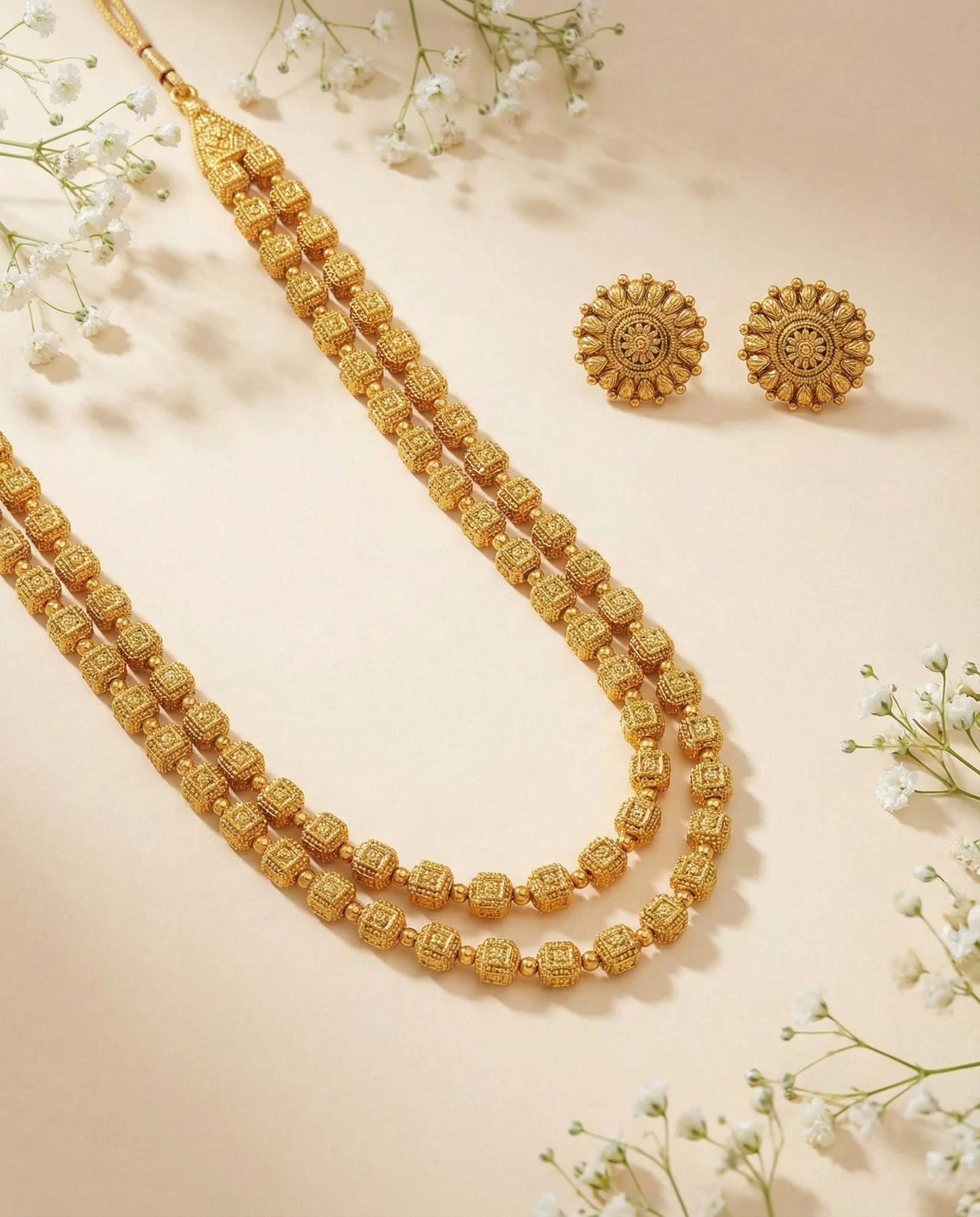 Traditional Double Layer Gold Haram Necklace Set with Stud Earrings