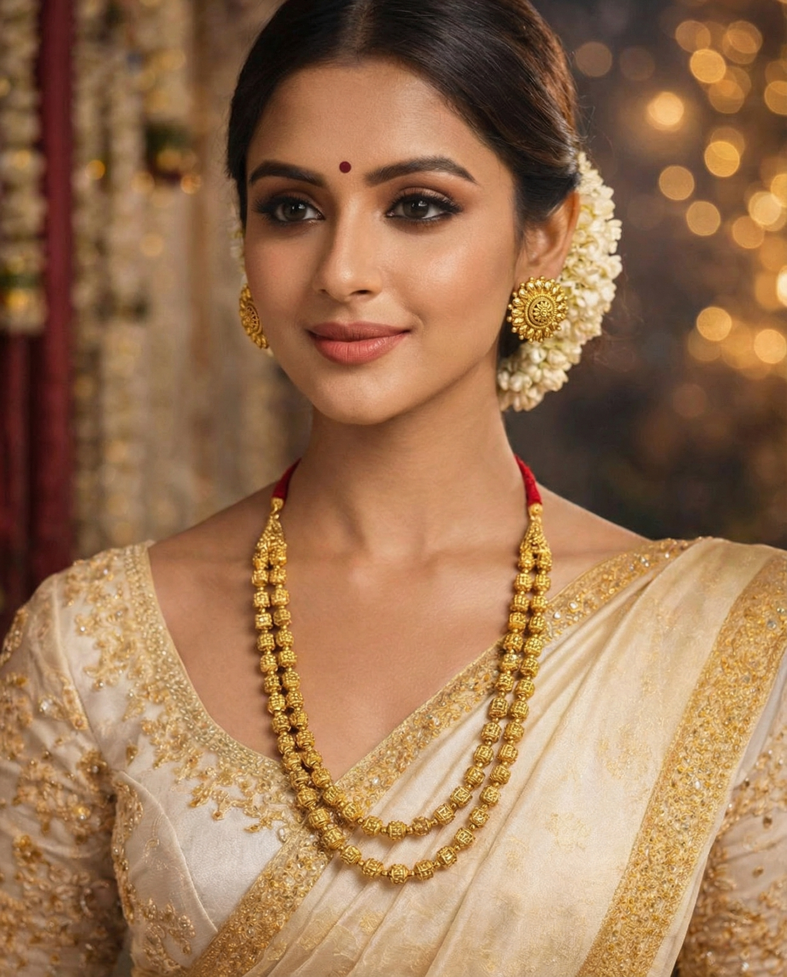 Traditional Double Layer Gold Haram Necklace Set with Stud Earrings