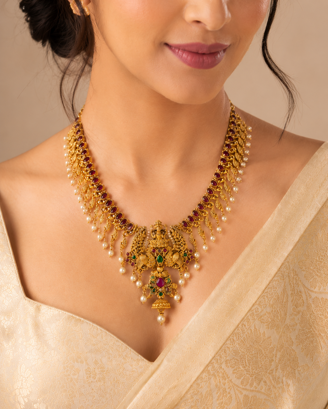 Mahalakshmi Pearl Temple Necklace Set