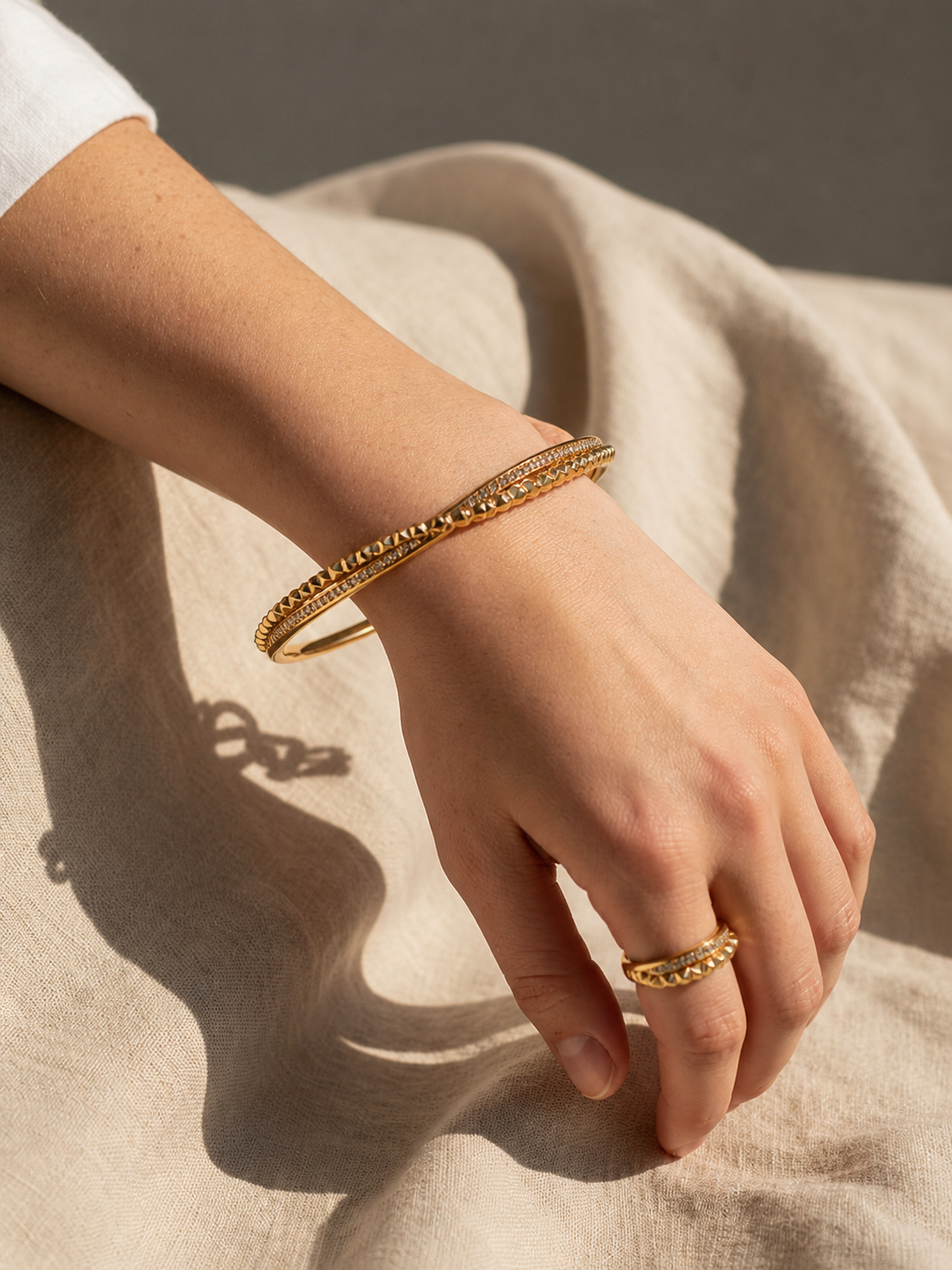 Textured Wave Gold Bracelet & Ring Set